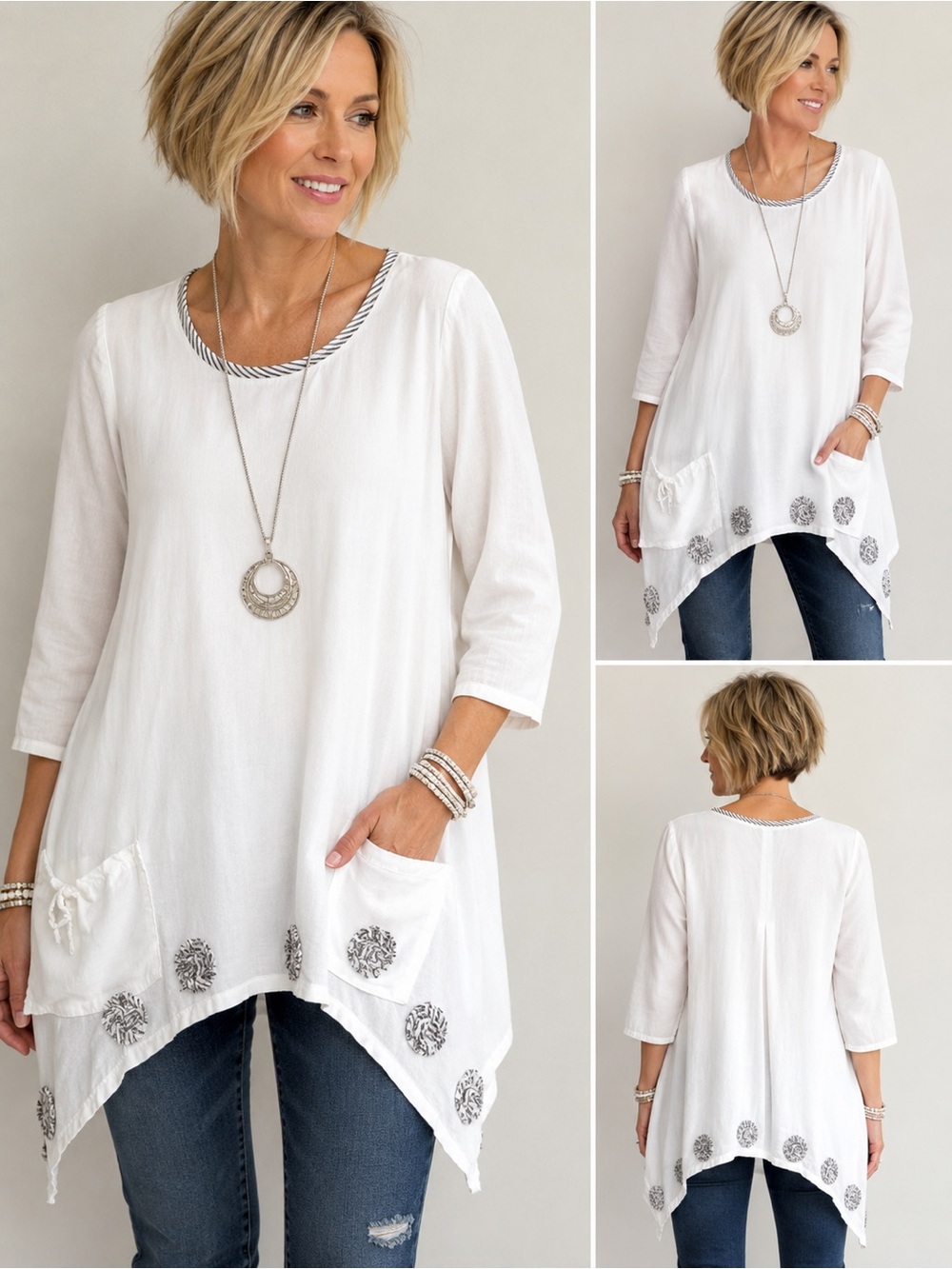 Tulip Womens XS White Boho Tunic Top Asymmetrical Hem 3/4 Sleeve Art to Wear